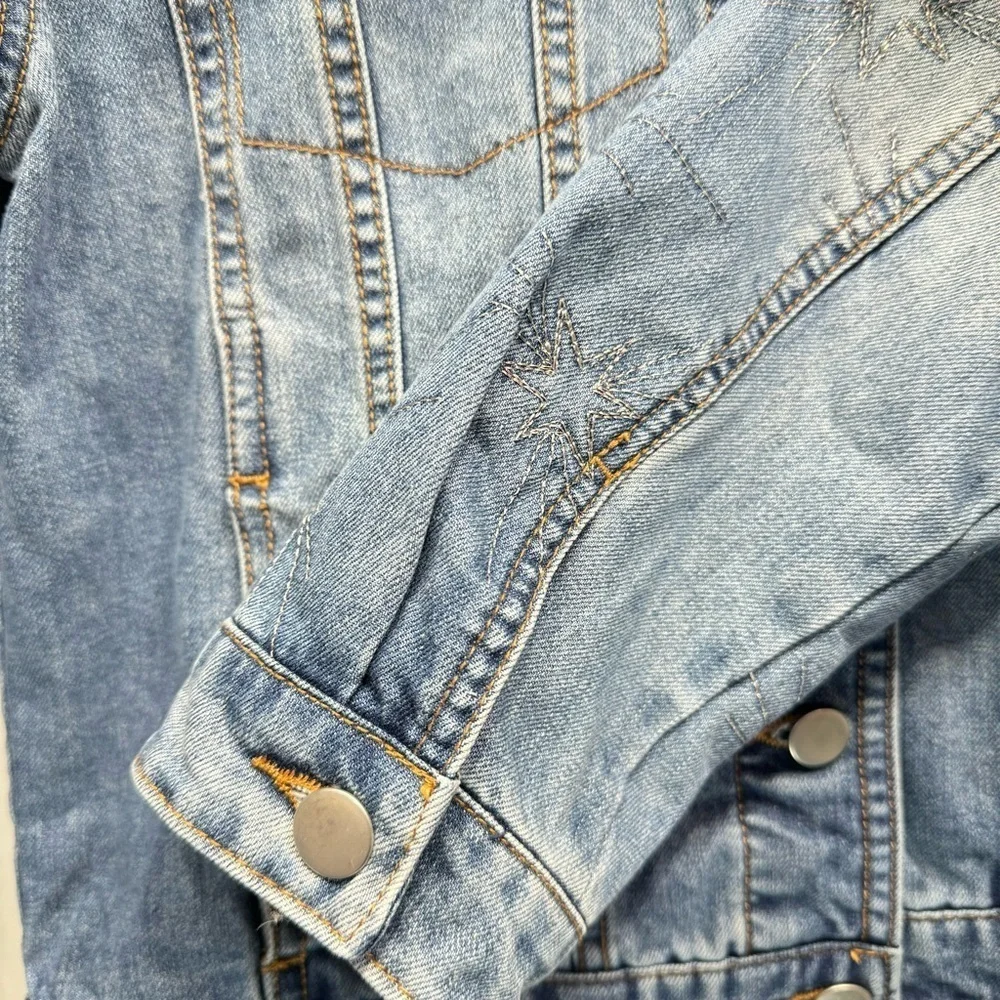 Y2K Blue Denim Jean Jacket Embroidered Metallic Stars on Sleeves by Maison Jules